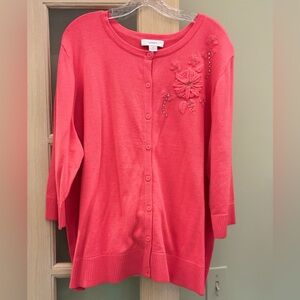 CJ Banks Pink Cardigan Sweater with Floral Detail